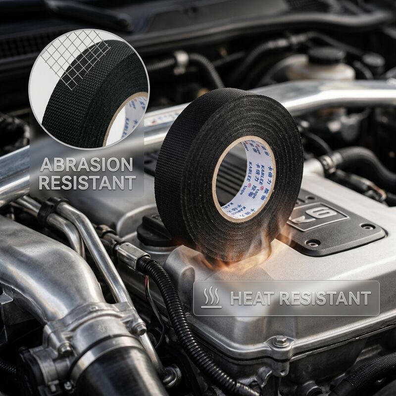 Automotive Adhesive Tape 0.13mm Engine Bay Wire Harness Wrap Heat Resistant for Noise Reduction Self-Extinguishing